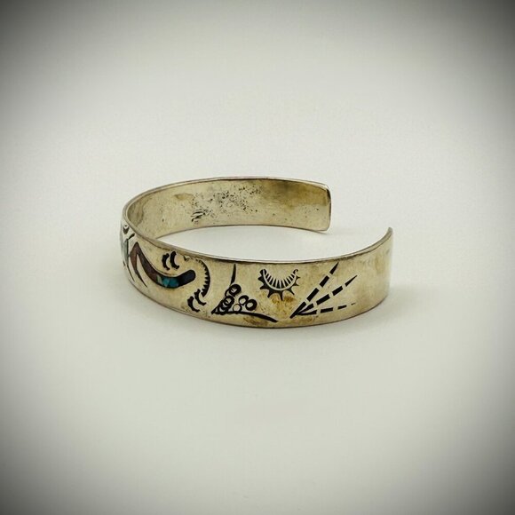 Southwestern Silver Chip-Inlay Cuff (Turquoise & Coral) | Sz 6.5 total | 20g - Picture 3 of 5